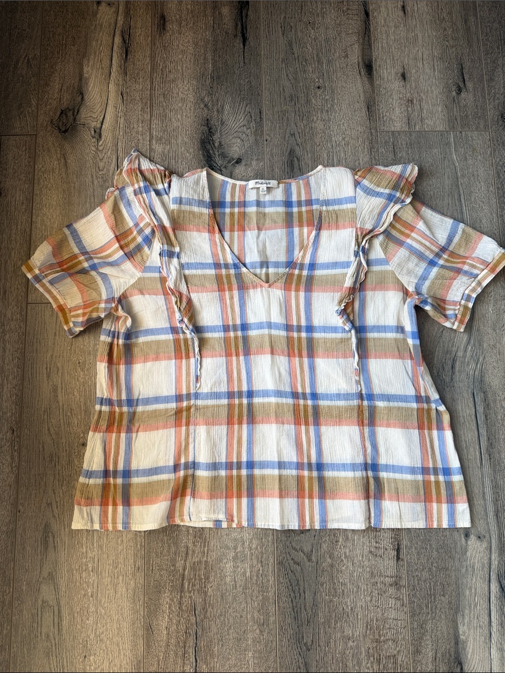 Madewell Plaid V-Neck Ruffle Sleeve Top - Cream, Blue, Pink, Tan
